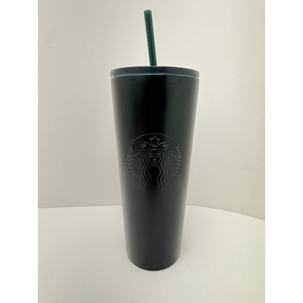Starbucks New Matte Black/Green Stainless Steel Cold Cup Tumbler 24oz w/ Straw
